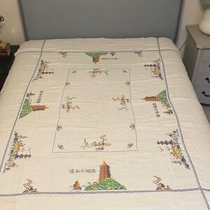 Vintage Pure Linen Tablecloth with Asian theme handcrafted needlework